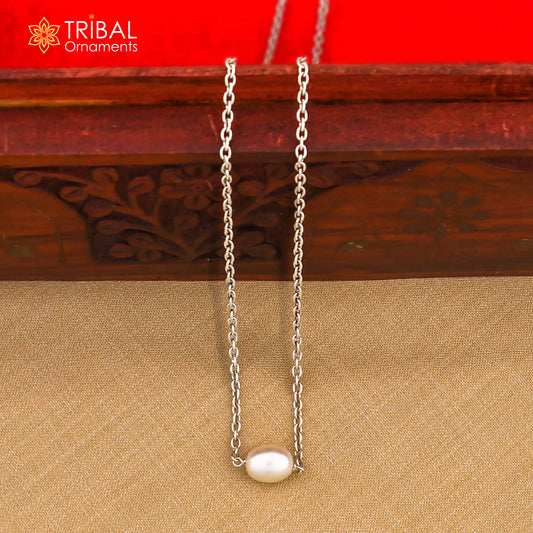 925 sterling silver cutom chain necklace with gorgeous tiny  pearl pendant, best gifting elegant necklace tribal necklace nec165 - TRIBAL ORNAMENTS