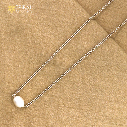 925 sterling silver custom chain necklace with a tiny pearl pendant, elegant tribal jewelry by TRIBAL ORNAMENTS.