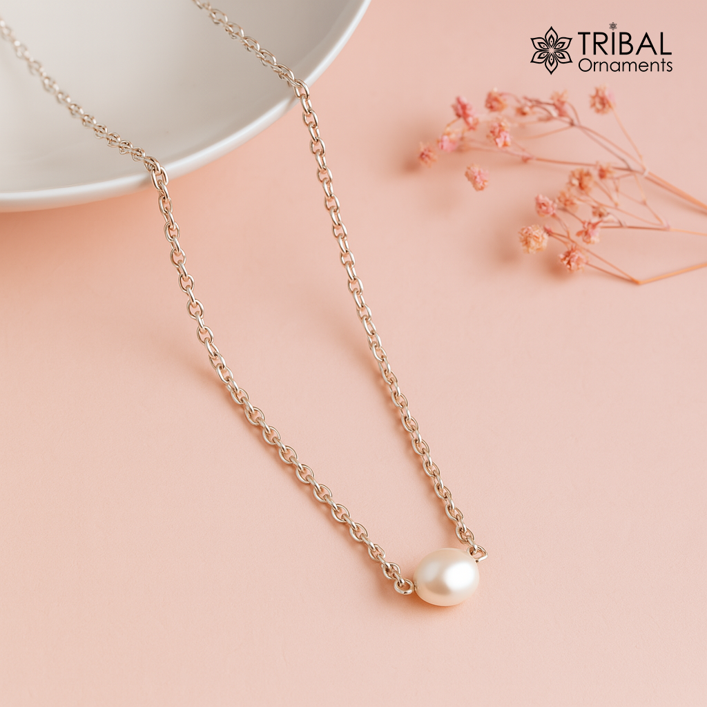 925 sterling silver cutom chain necklace with gorgeous tiny  pearl pendant, best gifting elegant necklace tribal necklace nec165 - TRIBAL ORNAMENTS