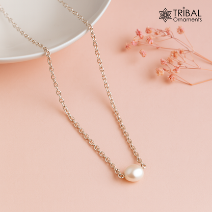 925 sterling silver custom chain necklace with a tiny pearl pendant, elegant tribal jewelry by TRIBAL ORNAMENTS.