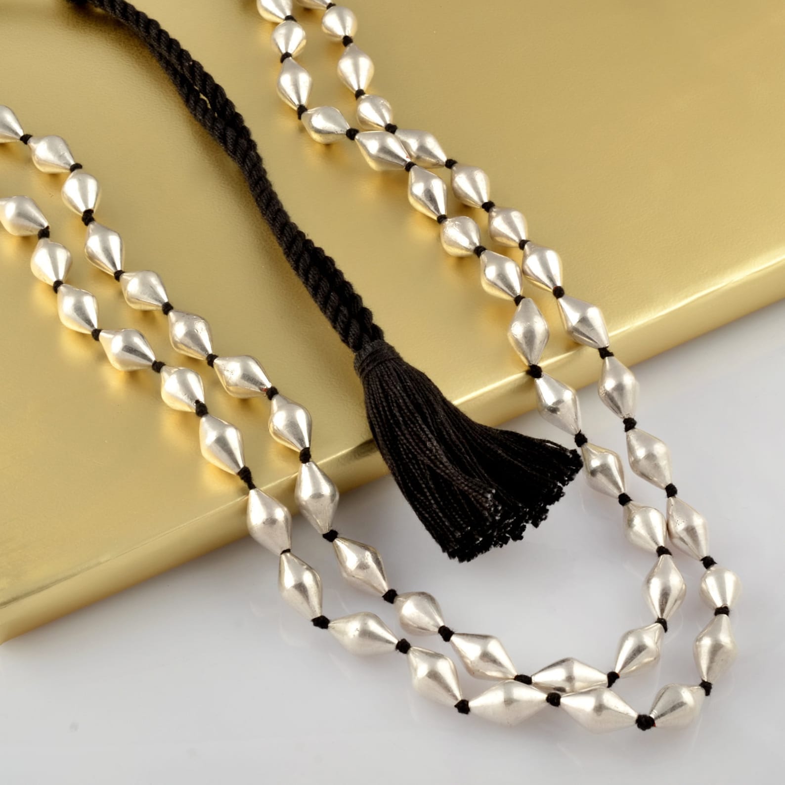 925 sterling silver dholki beaded necklace, two strands mala tribal jewelry set723 - TRIBAL ORNAMENTS