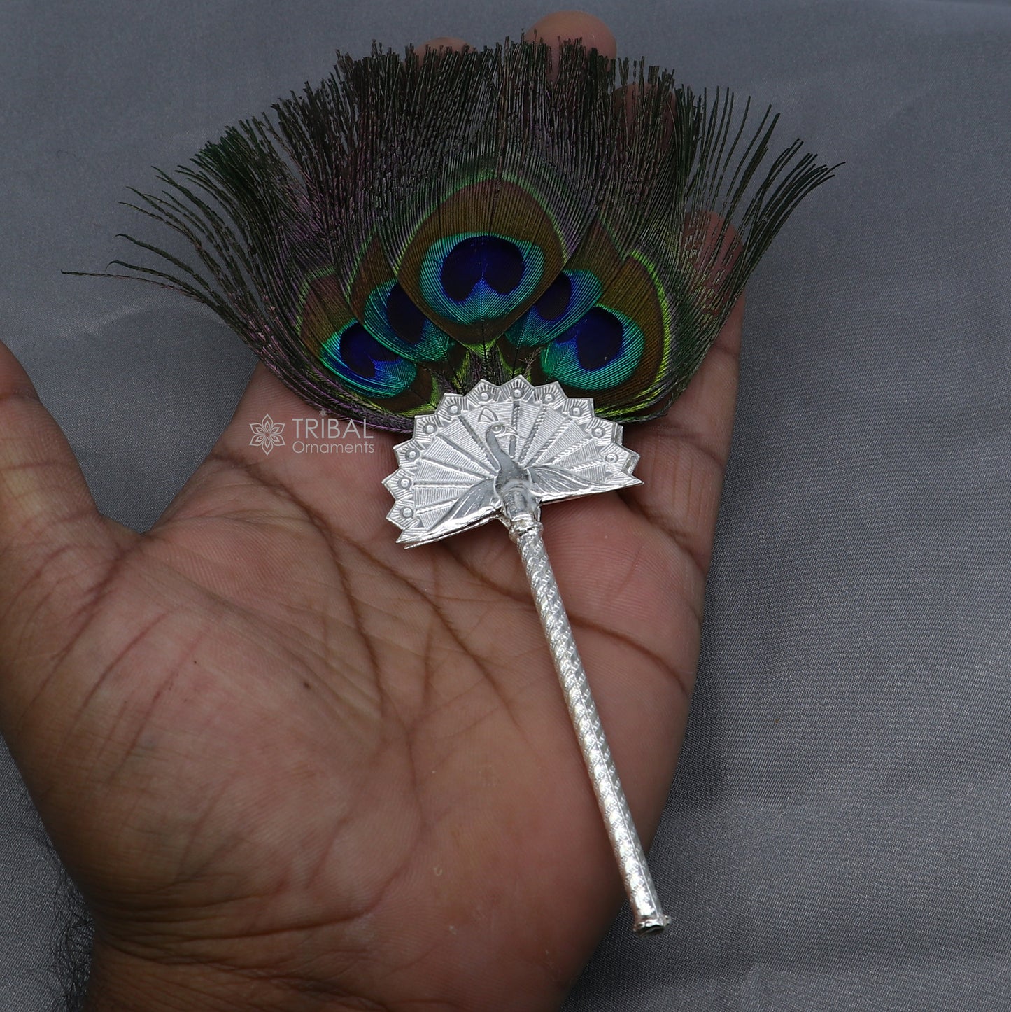 925 sterling silver divine Mor chari chhadi, with peacock feather, best lord Krishna laddu gopal gift, silver pankhi silver mor chadi su1315 - TRIBAL ORNAMENTS