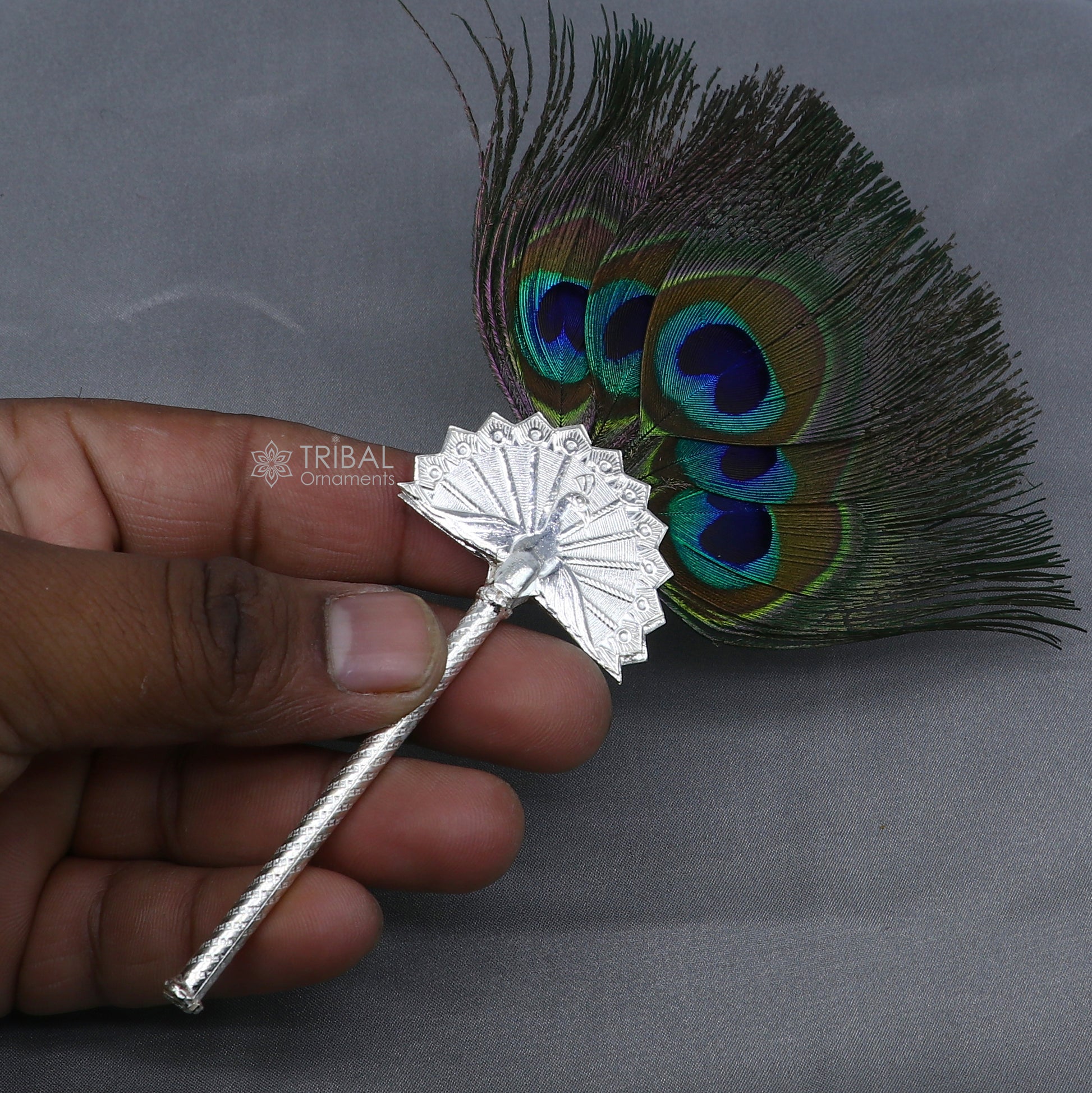 925 sterling silver divine Mor chari chhadi, with peacock feather, best lord Krishna laddu gopal gift, silver pankhi silver mor chadi su1315 - TRIBAL ORNAMENTS
