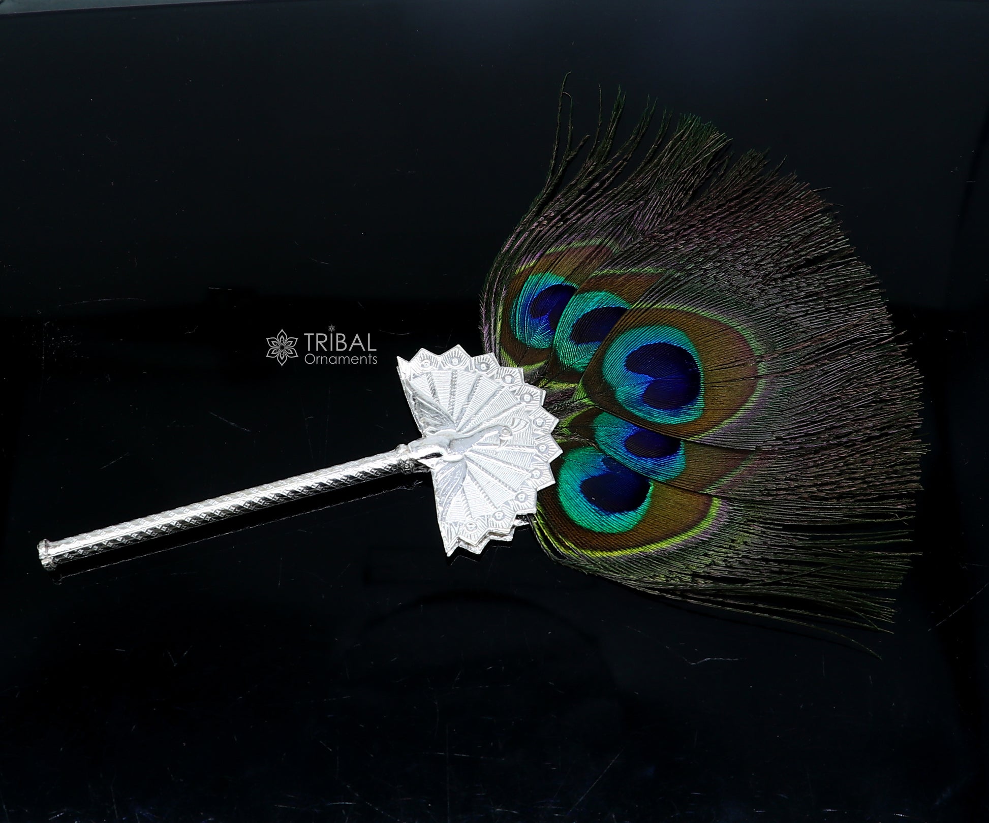 925 sterling silver divine Mor chari chhadi, with peacock feather, best lord Krishna laddu gopal gift, silver pankhi silver mor chadi su1315 - TRIBAL ORNAMENTS