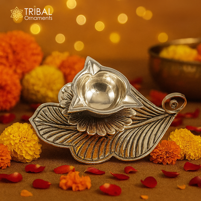 925 sterling silver Divine oil lamp with vintage tree leaf design, 3-joth traditional lamp from India, ideal for puja and gifting.