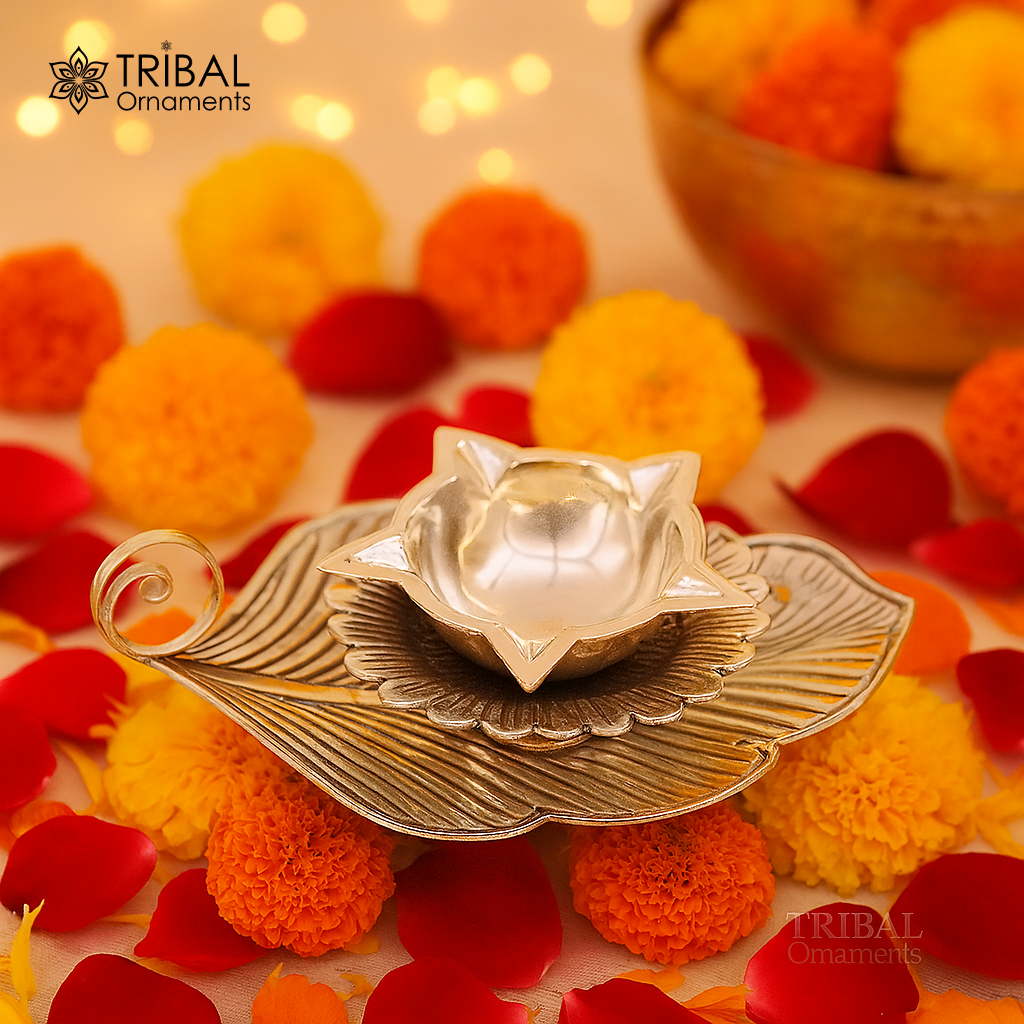 925 sterling silver Divine oil lamp, stunning tree leaf vintage design 5 joth lamp, best gifting puja utensils or article from India su478 - TRIBAL ORNAMENTS