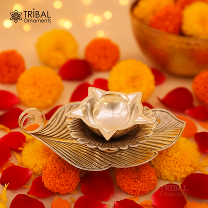 925 sterling silver Divine oil lamp with tree leaf vintage design, 5 Joth lamp for puja rituals or gifting, from India.