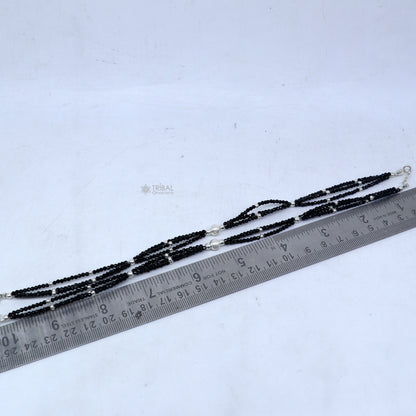 925 sterling silver double chain black beaded anklet bracelet amazing light weight delicate anklets silver jewelry ank655 - TRIBAL ORNAMENTS