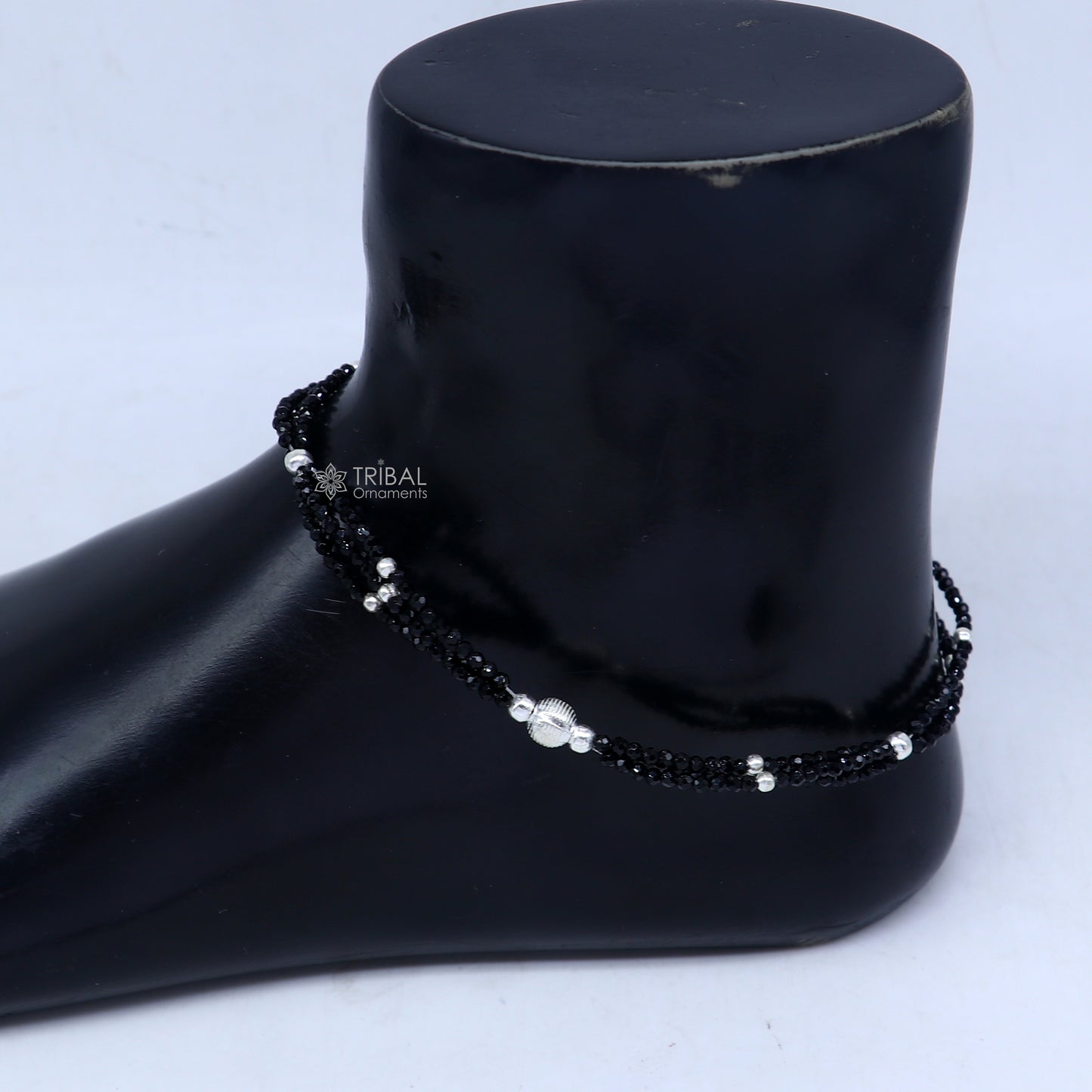 925 sterling silver double chain black beaded anklet bracelet amazing light weight delicate anklets silver jewelry ank655 - TRIBAL ORNAMENTS