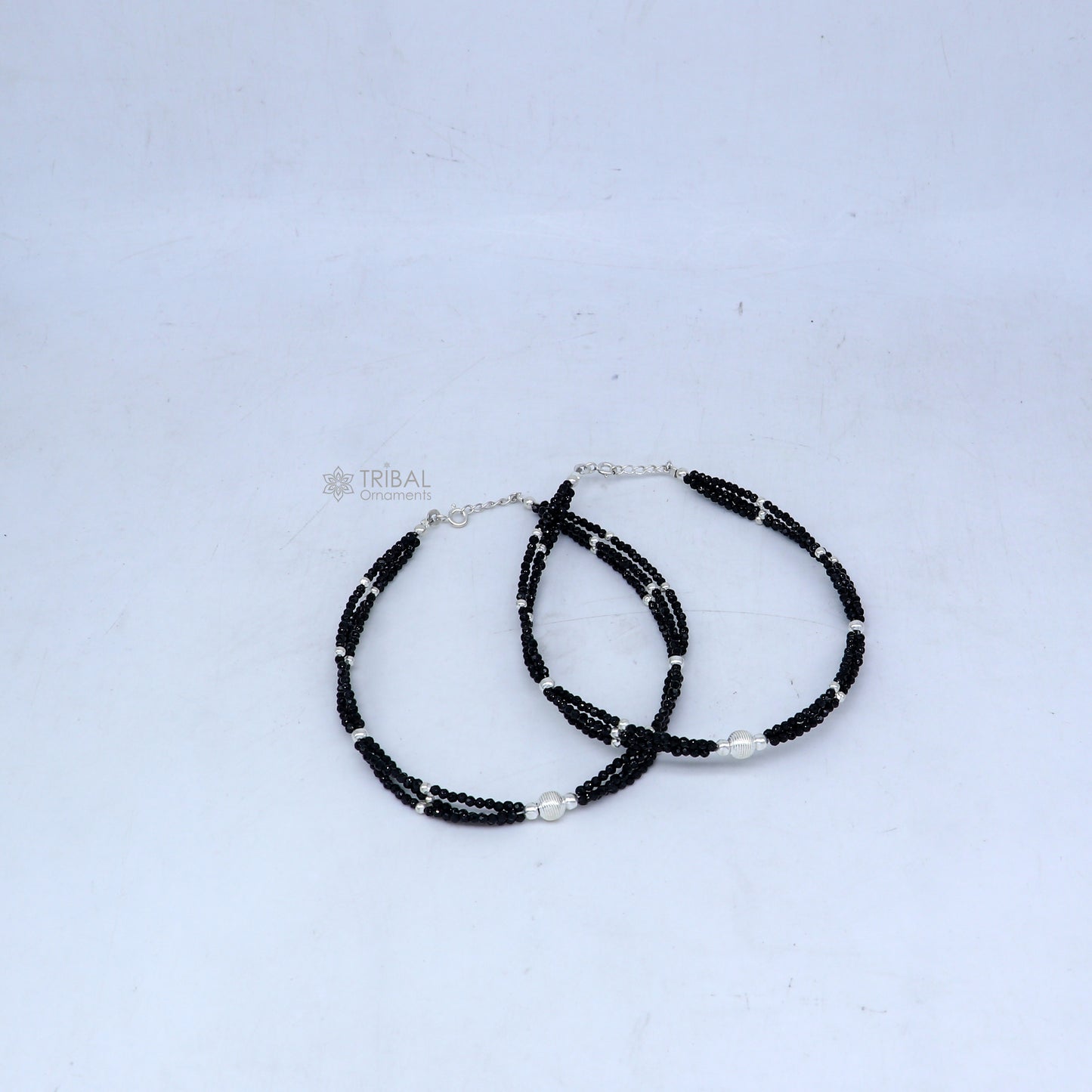 925 sterling silver double chain black beaded anklet bracelet amazing light weight delicate anklets silver jewelry ank655 - TRIBAL ORNAMENTS