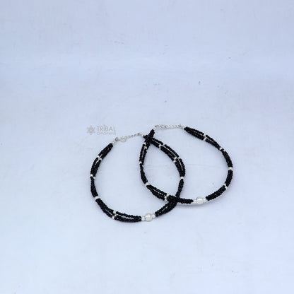 925 sterling silver double chain black beaded anklet bracelet amazing light weight delicate anklets silver jewelry ank655 - TRIBAL ORNAMENTS
