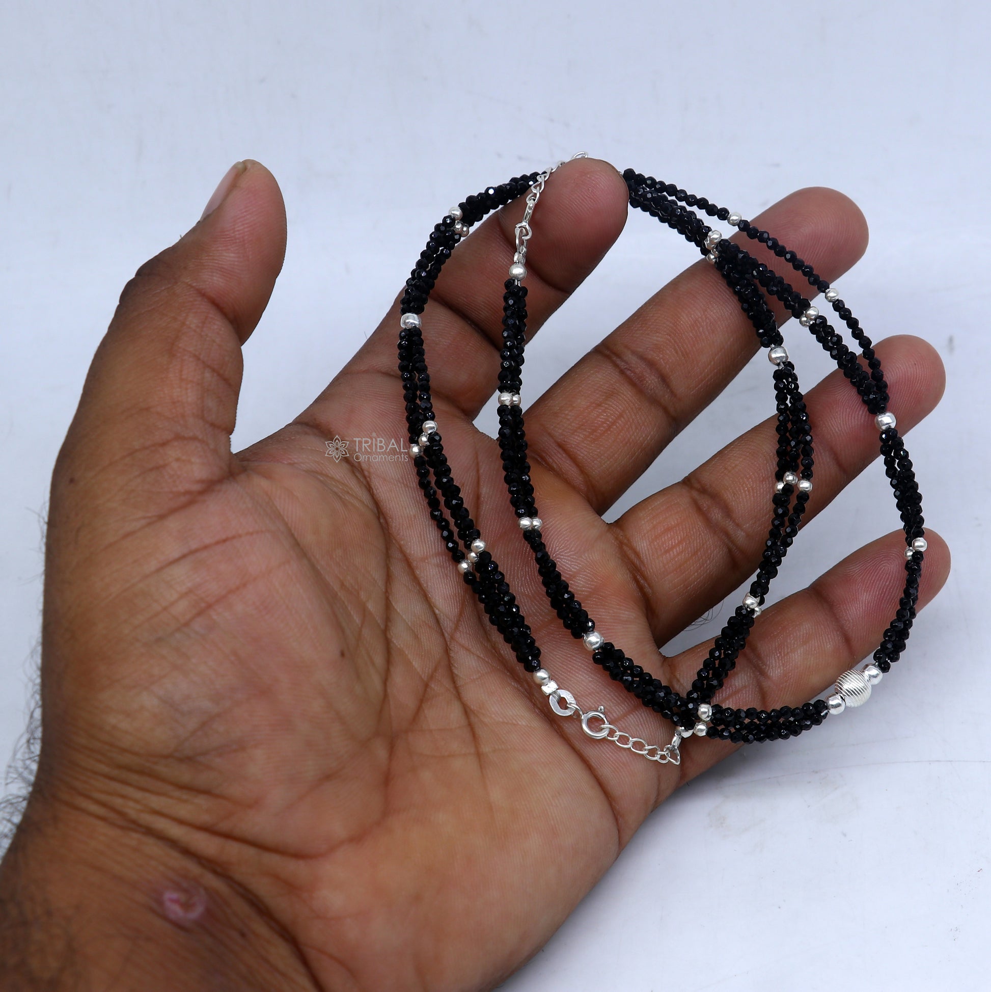 925 sterling silver double chain black beaded anklet bracelet amazing light weight delicate anklets silver jewelry ank655 - TRIBAL ORNAMENTS