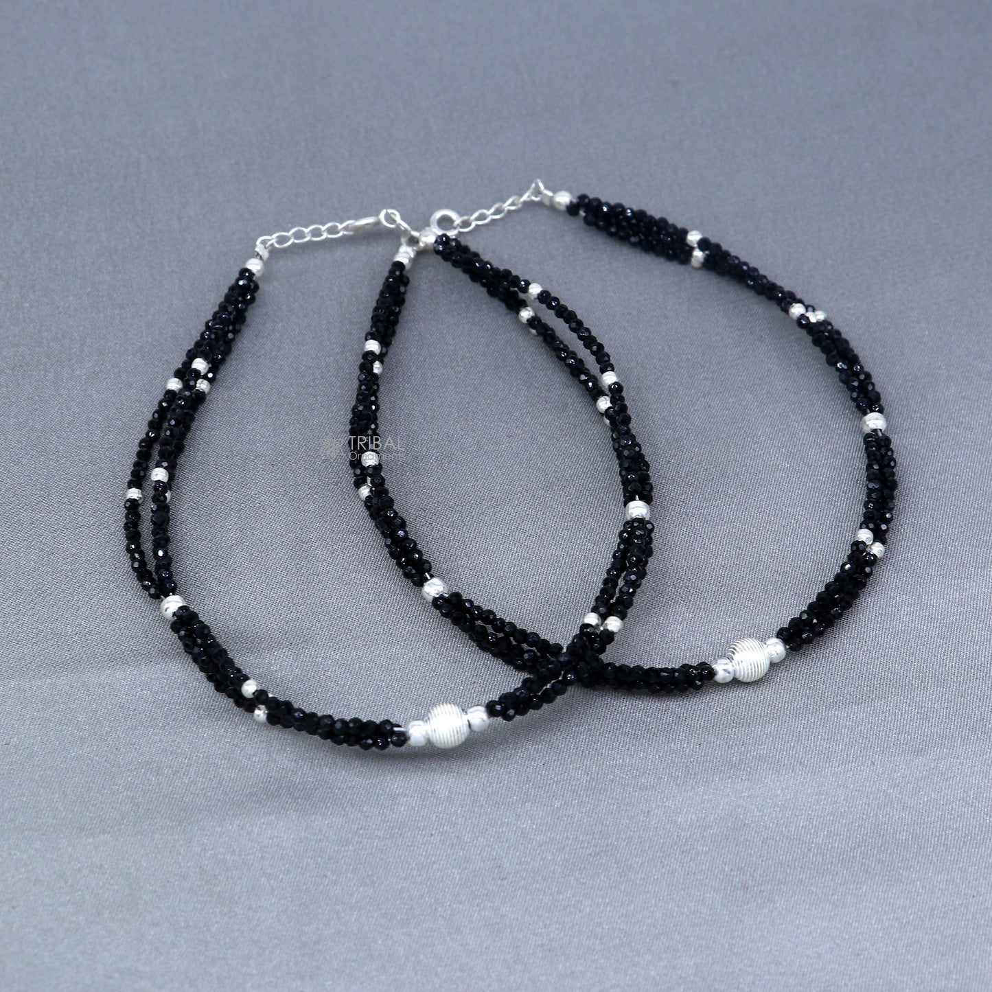 925 sterling silver double chain black beaded anklet bracelet amazing light weight delicate anklets silver jewelry ank655 - TRIBAL ORNAMENTS