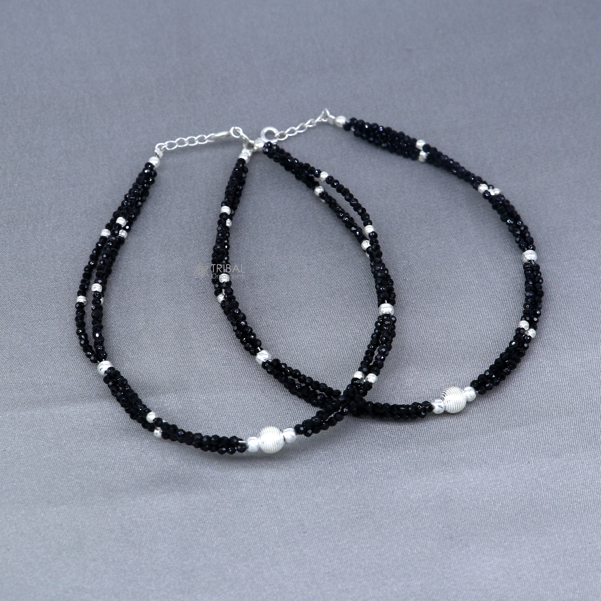 925 sterling silver double chain black beaded anklet bracelet amazing light weight delicate anklets silver jewelry ank655 - TRIBAL ORNAMENTS