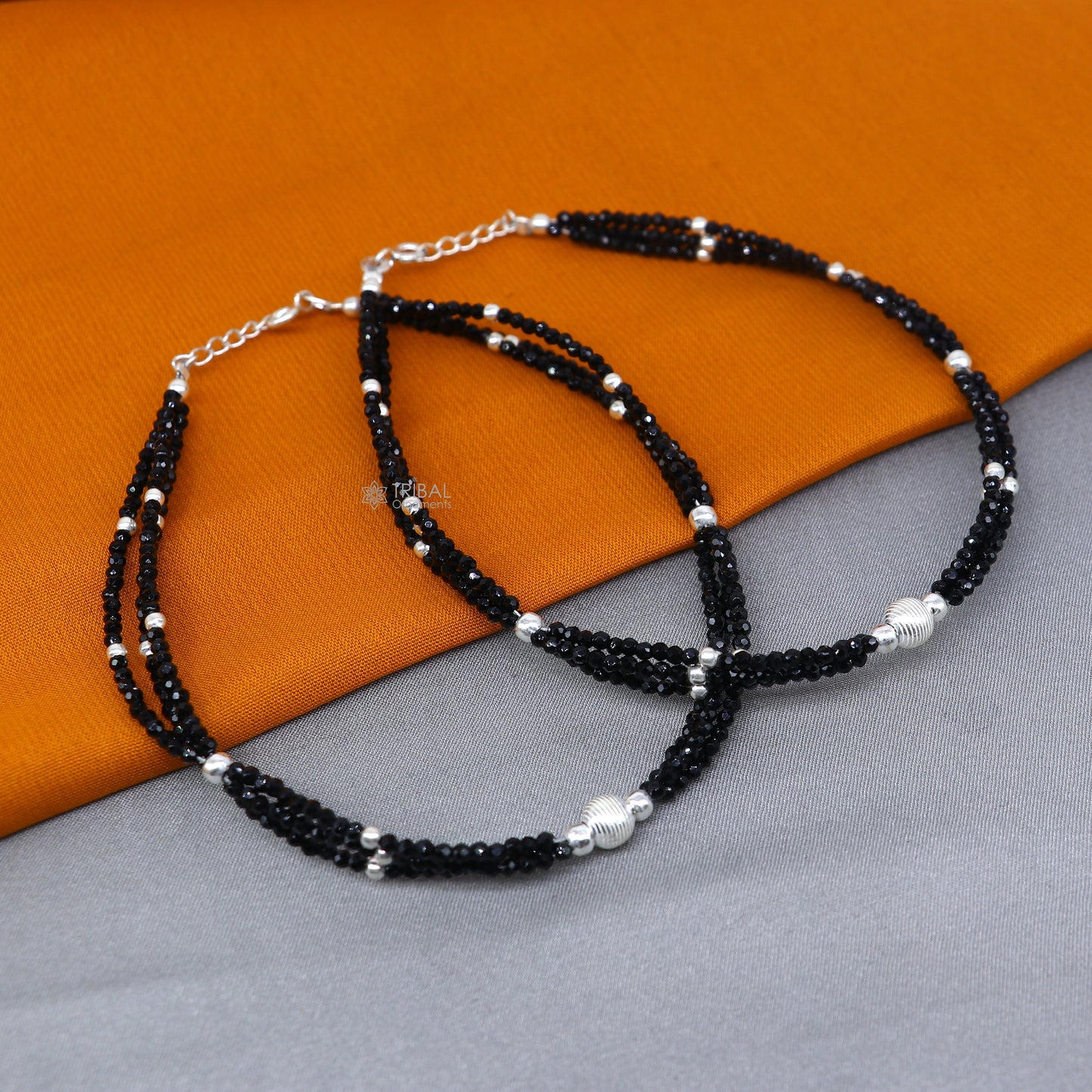 925 sterling silver double chain black beaded anklet bracelet amazing light weight delicate anklets silver jewelry ank655 - TRIBAL ORNAMENTS