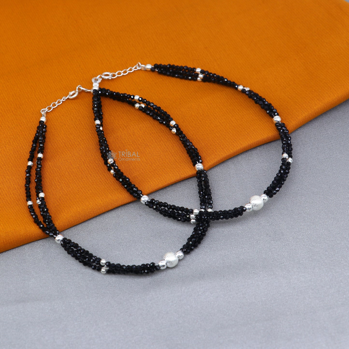 925 sterling silver double chain black beaded anklet bracelet amazing light weight delicate anklets silver jewelry ank655 - TRIBAL ORNAMENTS