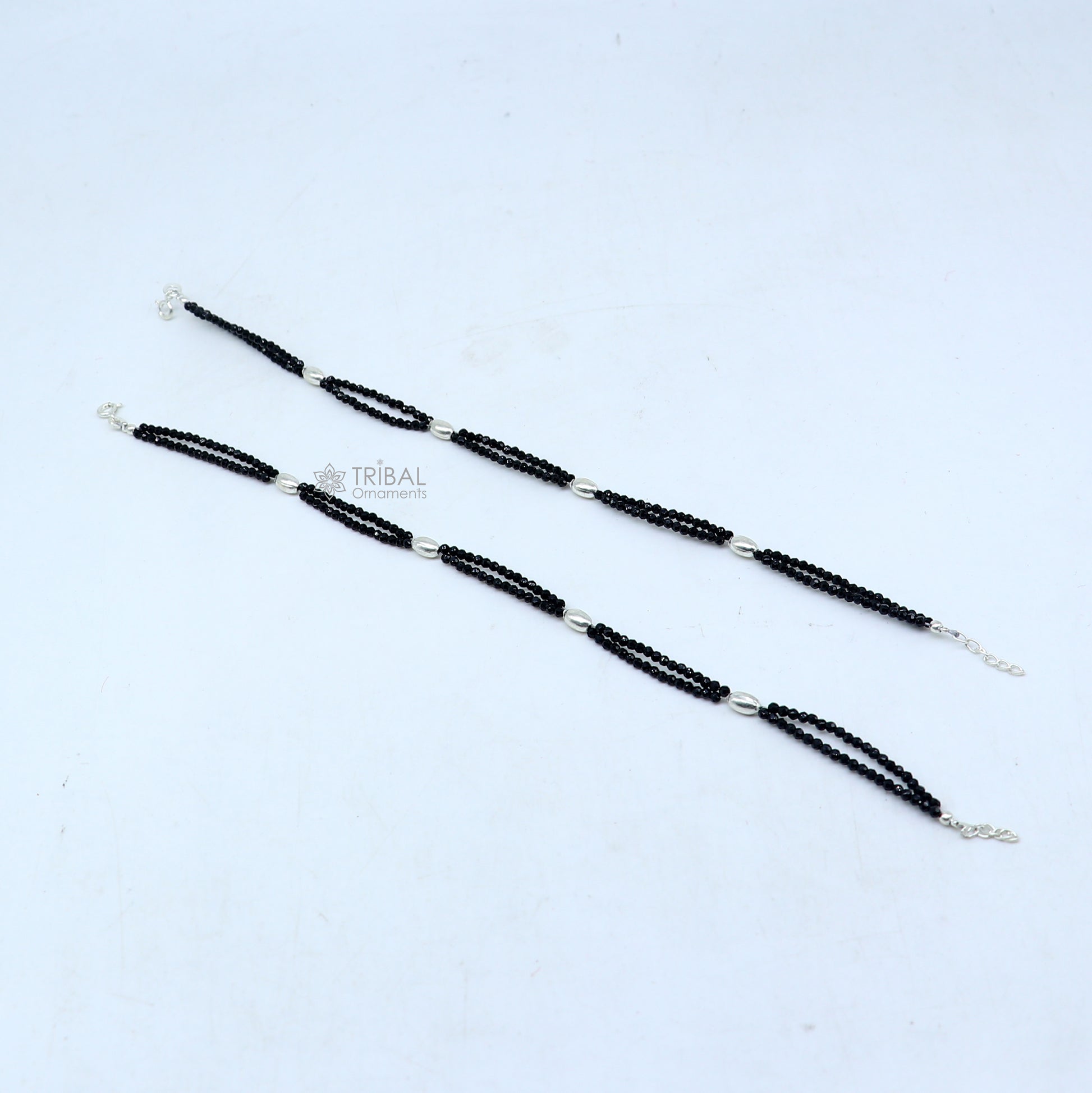 925 sterling silver double chain black beaded anklet bracelet amazing light weight delicate anklets silver jewelry ank659 - TRIBAL ORNAMENTS