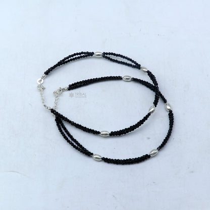 925 sterling silver double chain black beaded anklet bracelet amazing light weight delicate anklets silver jewelry ank659 - TRIBAL ORNAMENTS