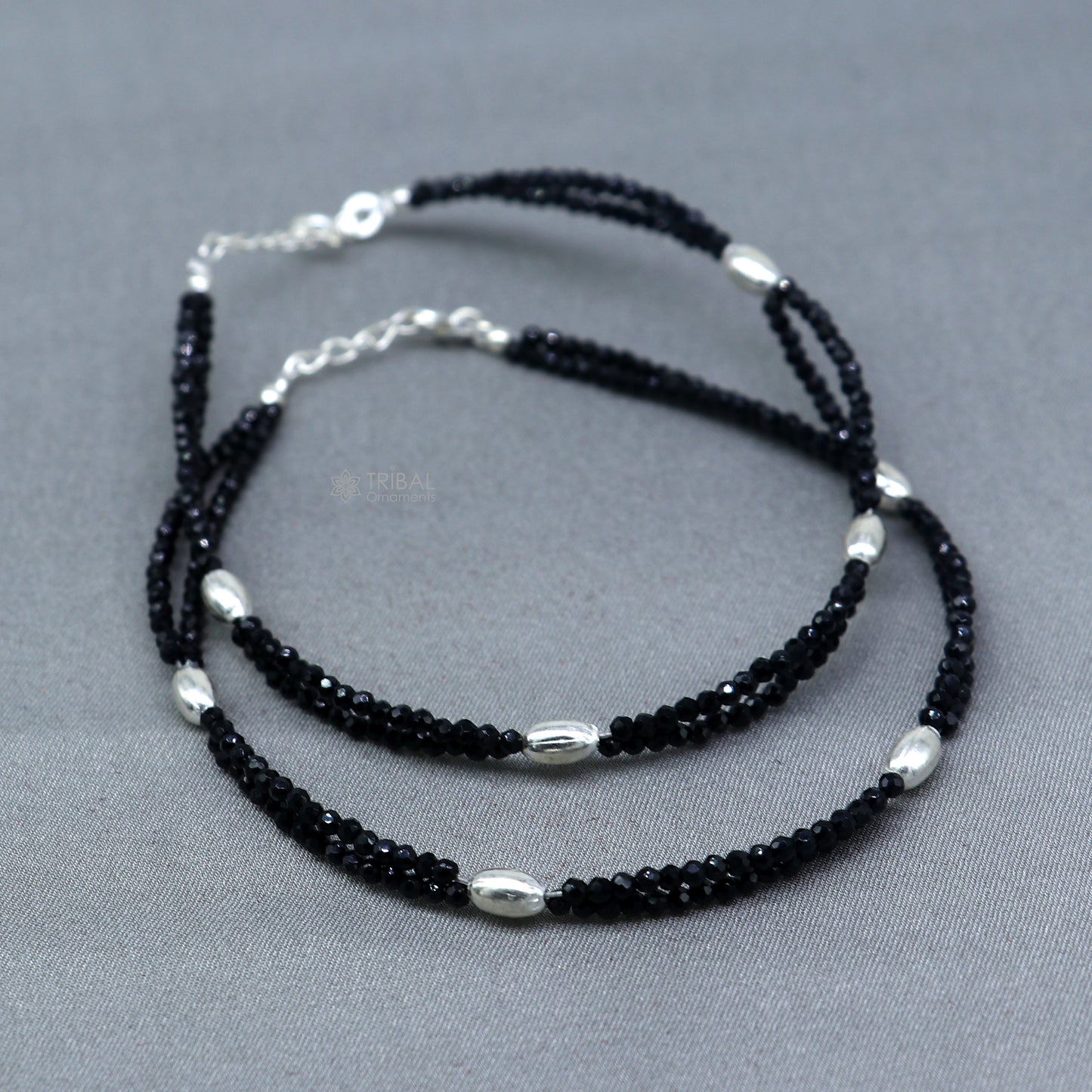 925 sterling silver double chain black beaded anklet bracelet amazing light weight delicate anklets silver jewelry ank659 - TRIBAL ORNAMENTS