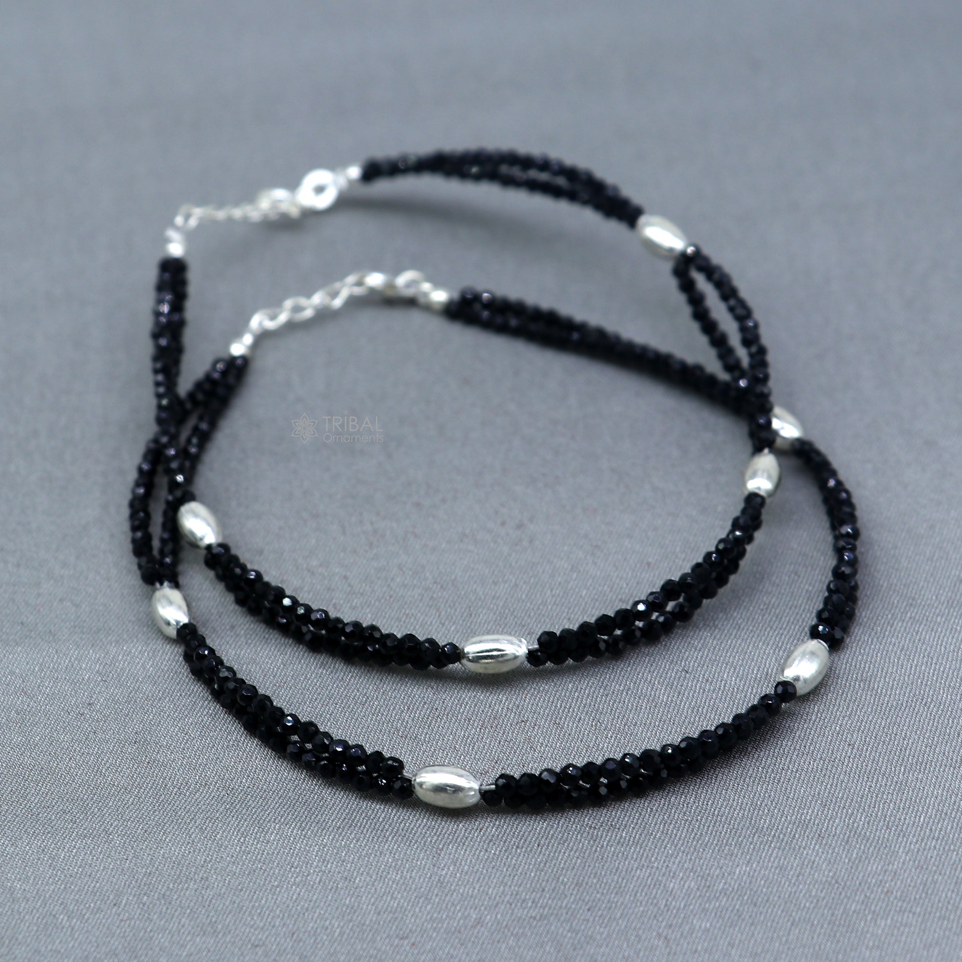 925 sterling silver double chain black beaded anklet bracelet amazing light weight delicate anklets silver jewelry ank659 - TRIBAL ORNAMENTS