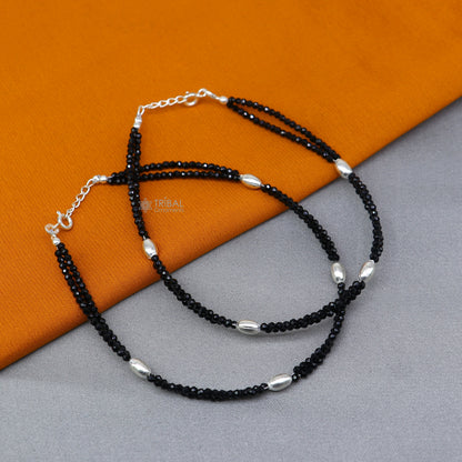 925 sterling silver double chain black beaded anklet bracelet amazing light weight delicate anklets silver jewelry ank659 - TRIBAL ORNAMENTS