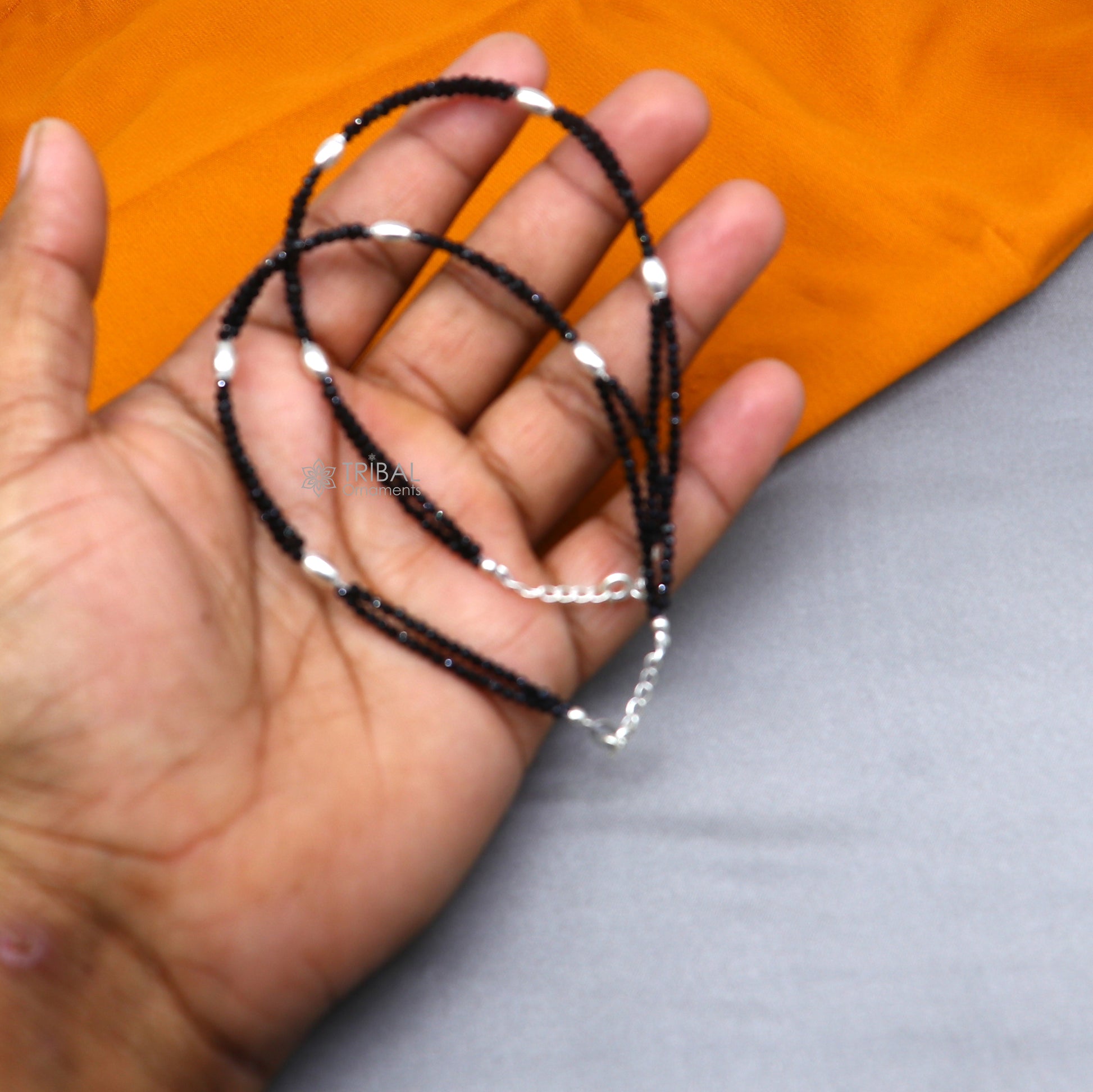 925 sterling silver double chain black beaded anklet bracelet amazing light weight delicate anklets silver jewelry ank659 - TRIBAL ORNAMENTS