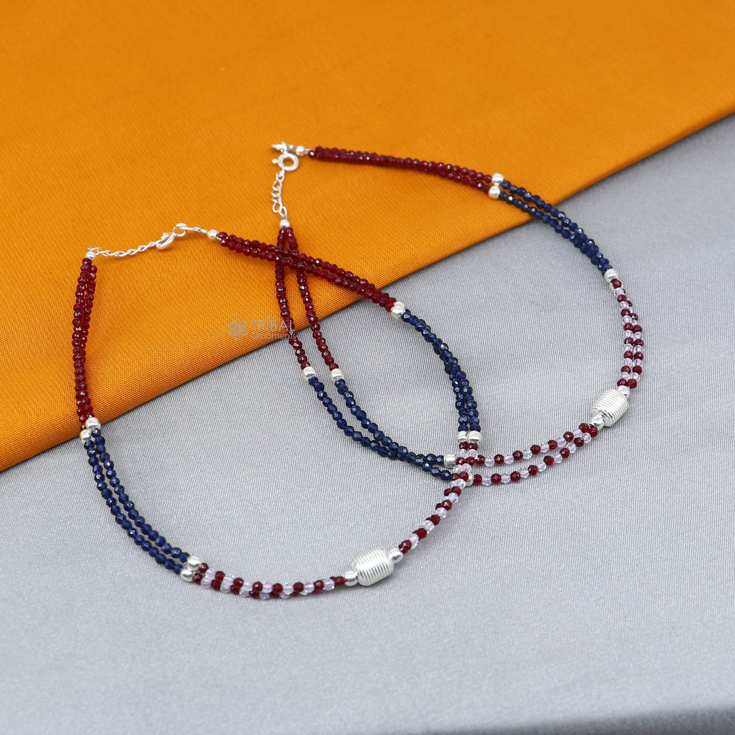 925 sterling silver double chain red and blue beaded anklet bracelet amazing light weight delicate anklets silver jewelry ank654 - TRIBAL ORNAMENTS