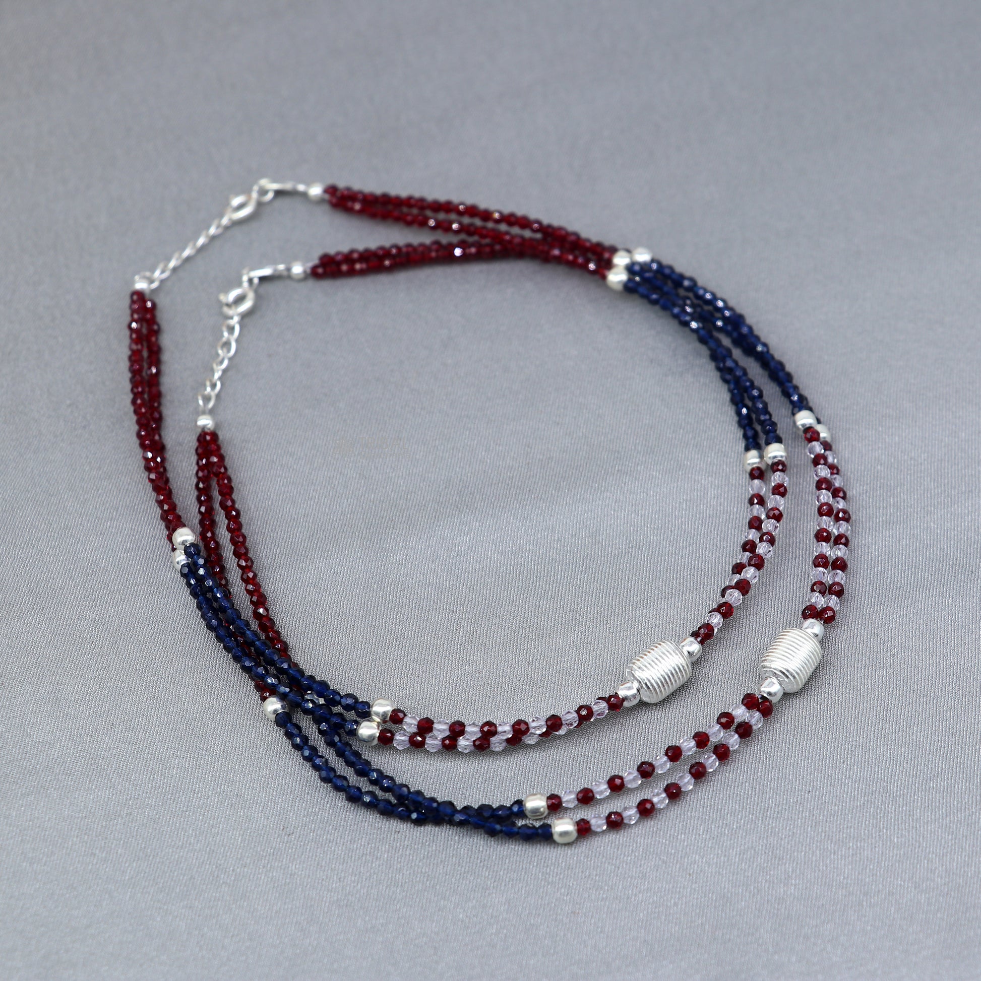 925 sterling silver double chain red and blue beaded anklet bracelet amazing light weight delicate anklets silver jewelry ank654 - TRIBAL ORNAMENTS