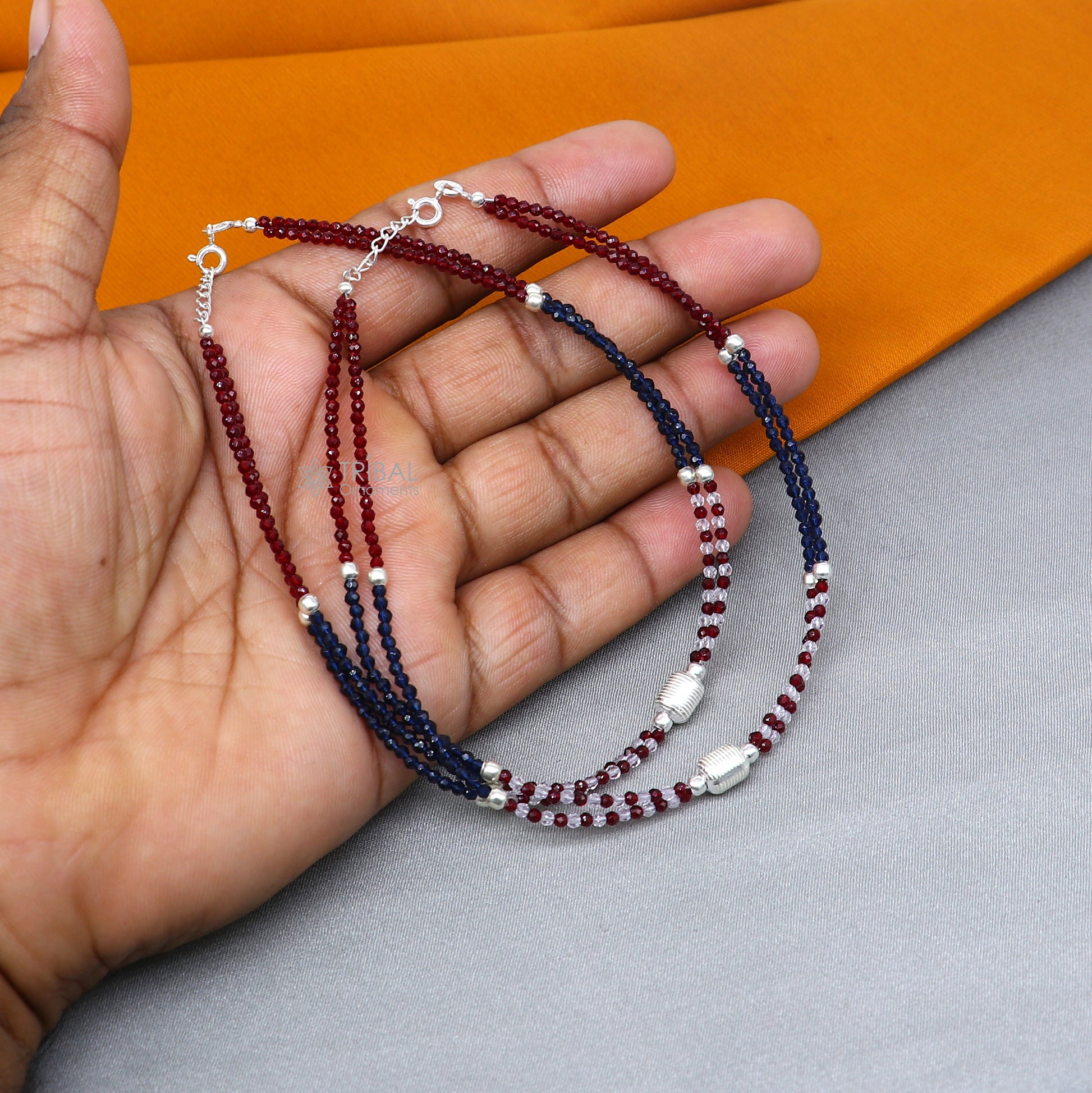 925 sterling silver double chain red and blue beaded anklet bracelet amazing light weight delicate anklets silver jewelry ank654 - TRIBAL ORNAMENTS