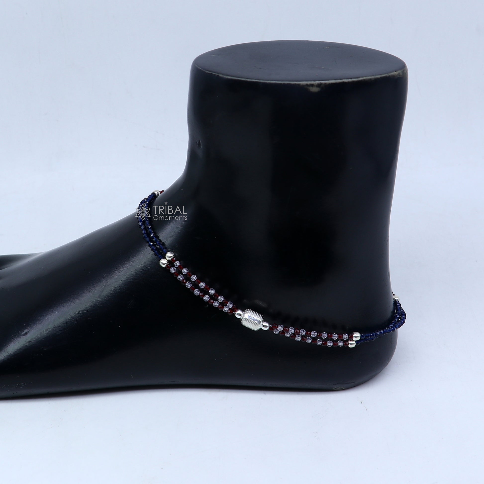 925 sterling silver double chain red and blue beaded anklet bracelet amazing light weight delicate anklets silver jewelry ank654 - TRIBAL ORNAMENTS