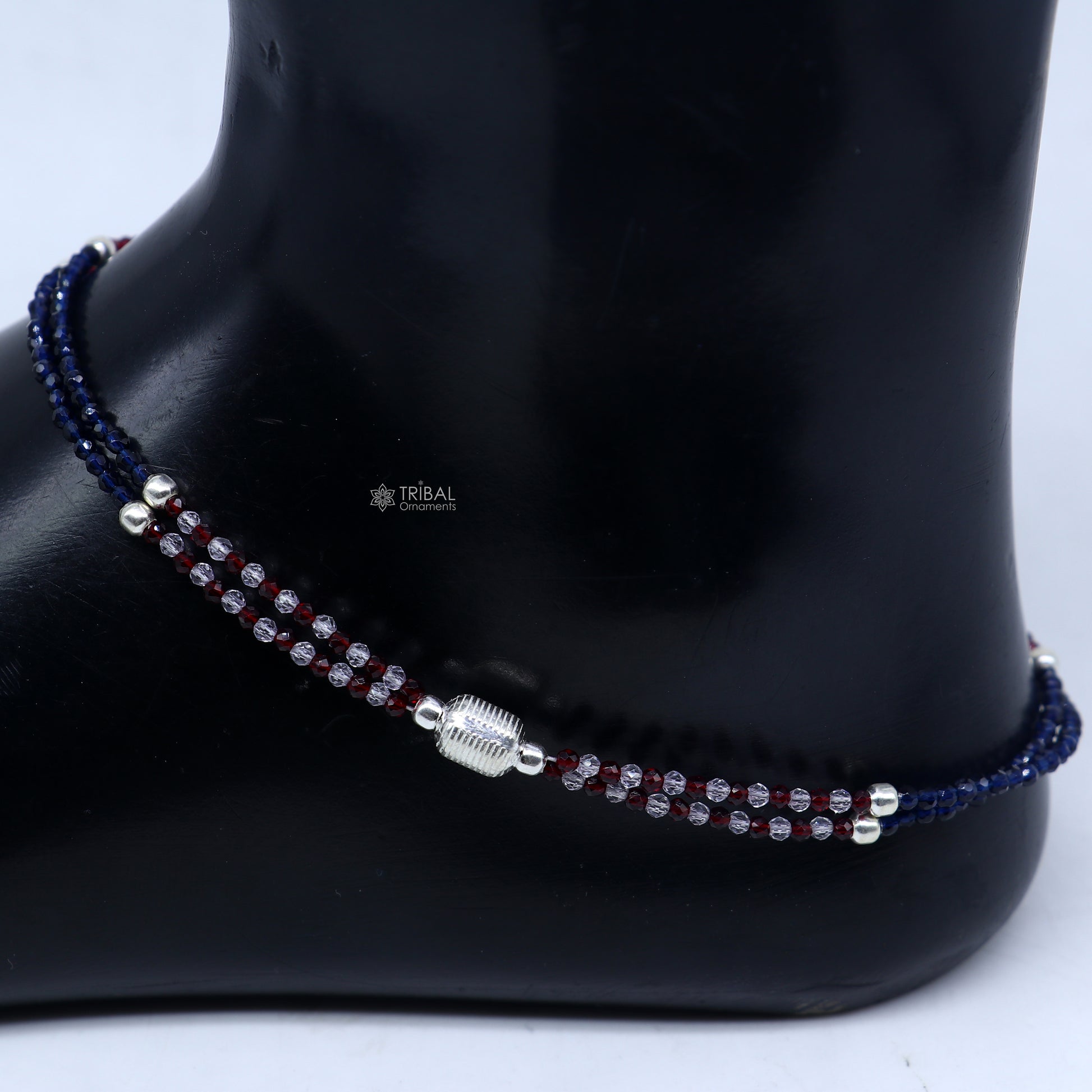 925 sterling silver double chain red and blue beaded anklet bracelet amazing light weight delicate anklets silver jewelry ank654 - TRIBAL ORNAMENTS