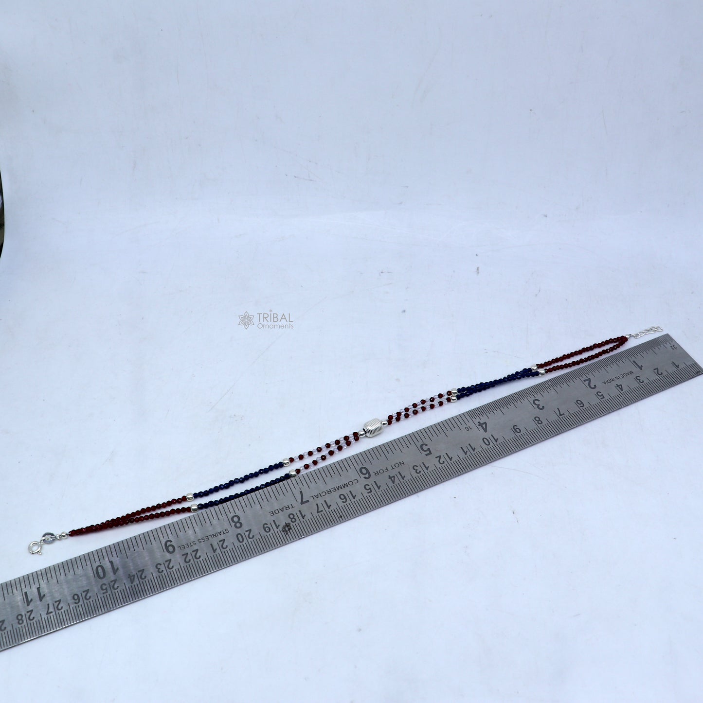 925 sterling silver double chain red and blue beaded anklet bracelet amazing light weight delicate anklets silver jewelry ank654 - TRIBAL ORNAMENTS