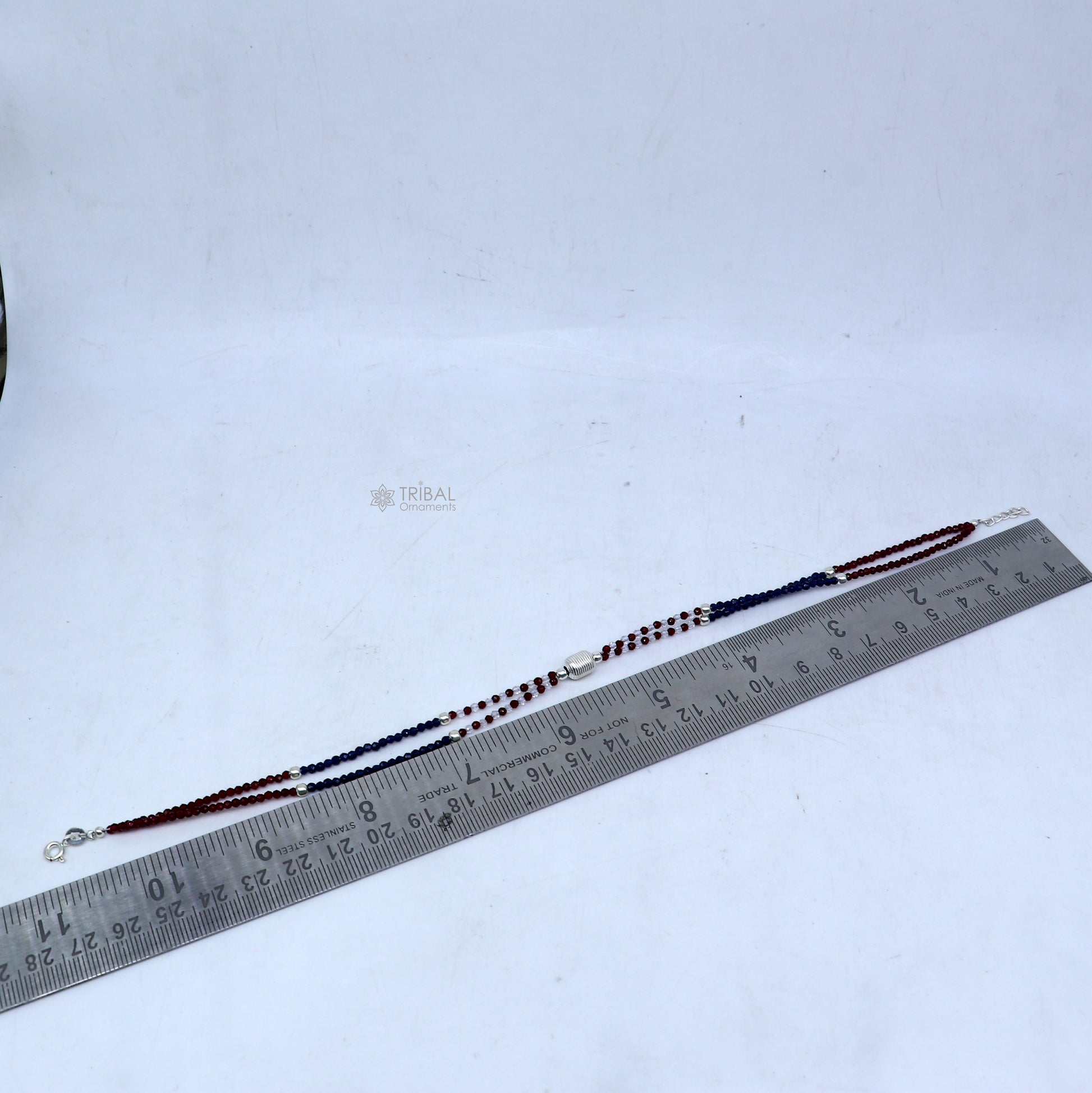 925 sterling silver double chain red and blue beaded anklet bracelet amazing light weight delicate anklets silver jewelry ank654 - TRIBAL ORNAMENTS