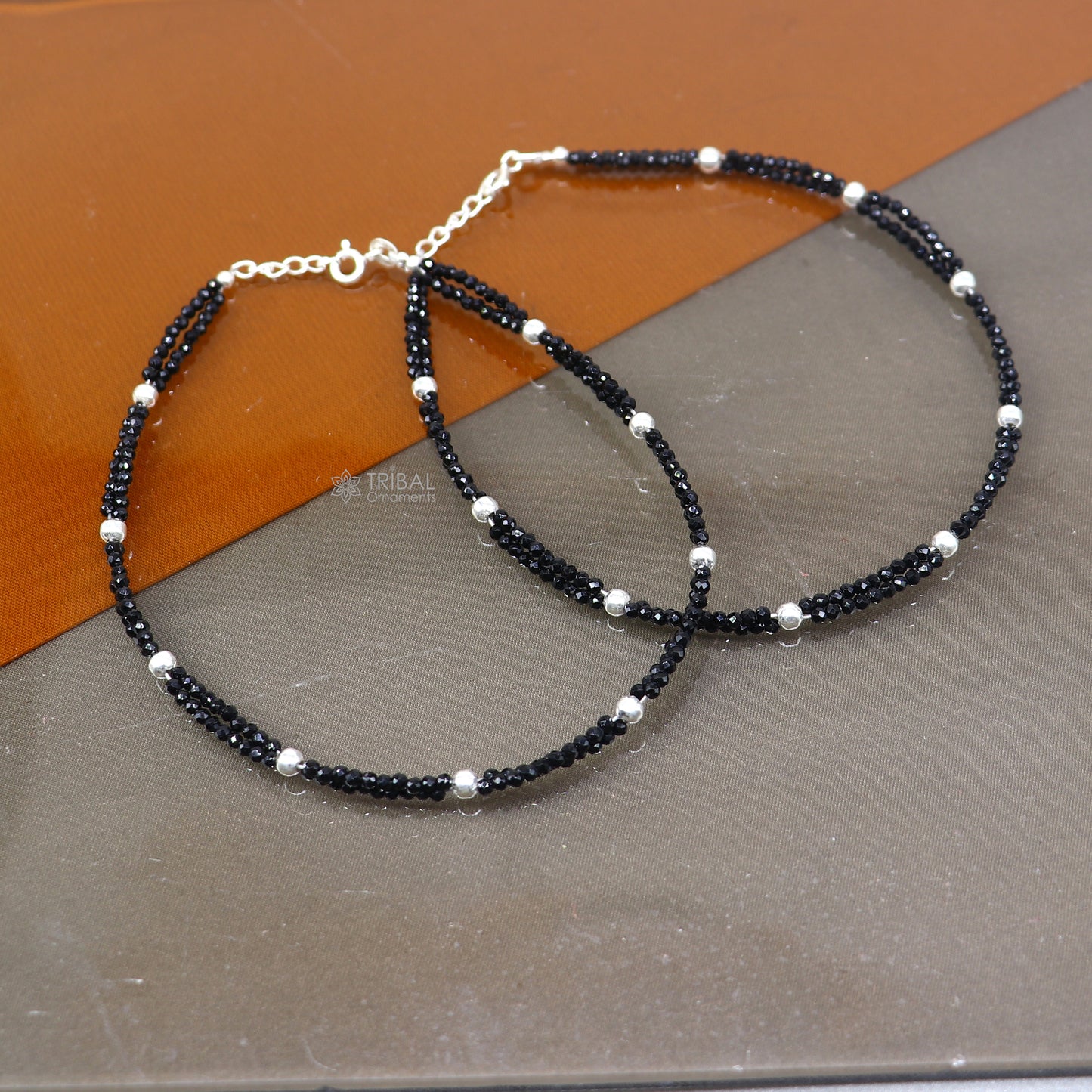925 sterling silver double chain silver and black beaded anklet bracelet amazing light weight delicate anklets silver jewelry ank656 - TRIBAL ORNAMENTS