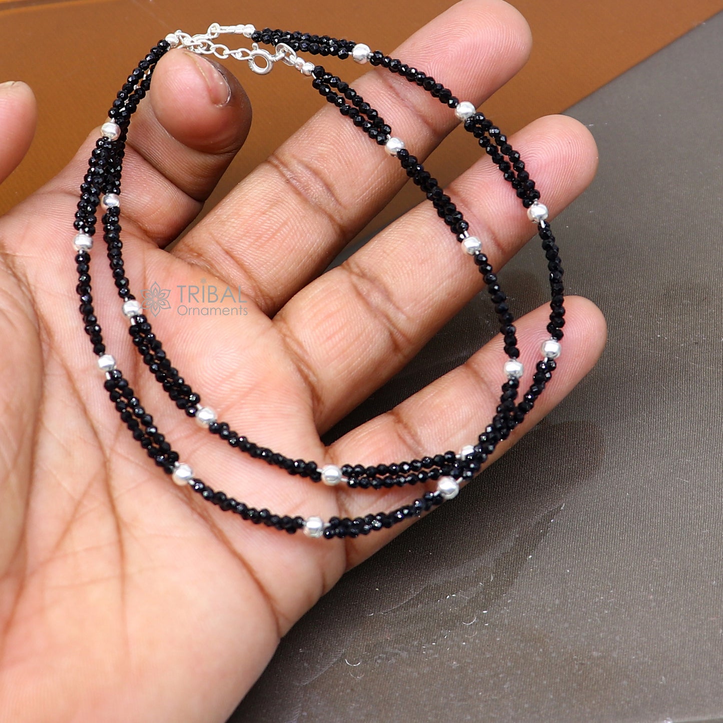 925 sterling silver double chain silver and black beaded anklet bracelet amazing light weight delicate anklets silver jewelry ank656 - TRIBAL ORNAMENTS
