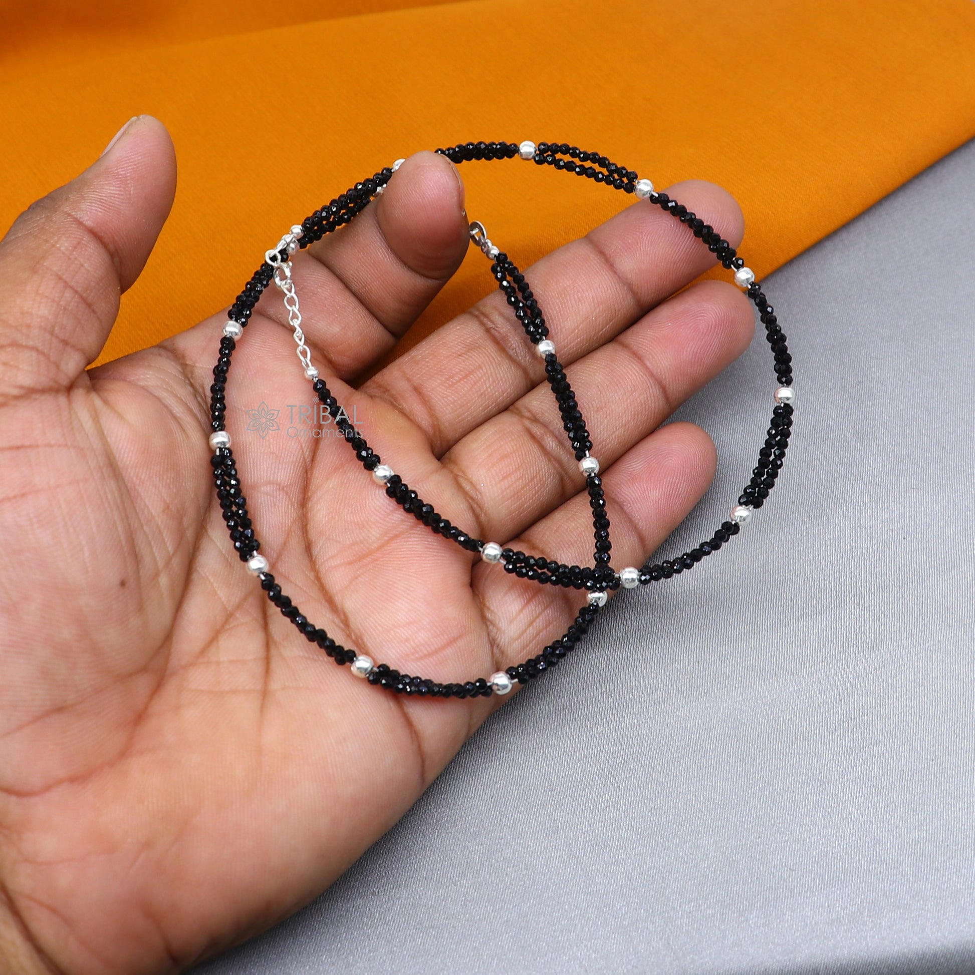 925 sterling silver double chain silver and black beaded anklet bracelet amazing light weight delicate anklets silver jewelry ank656 - TRIBAL ORNAMENTS