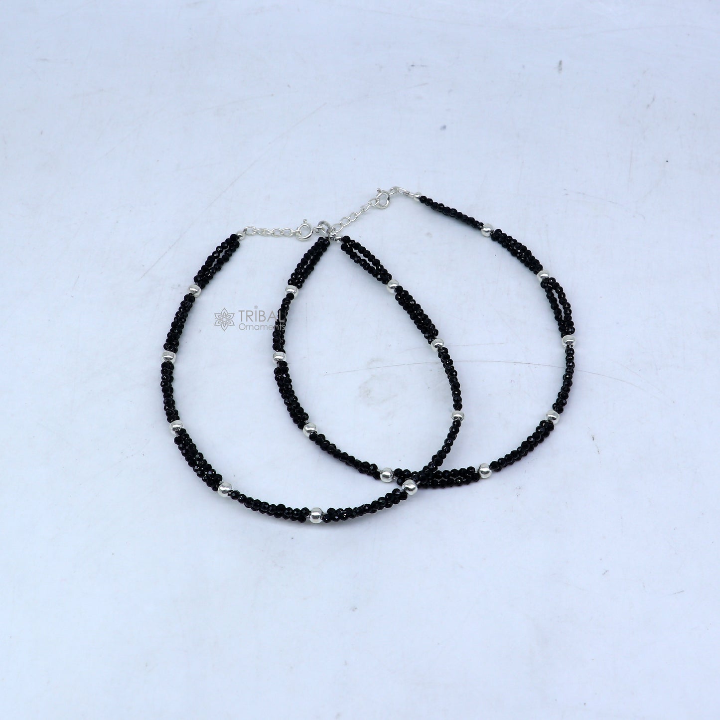 925 sterling silver double chain silver and black beaded anklet bracelet amazing light weight delicate anklets silver jewelry ank656 - TRIBAL ORNAMENTS