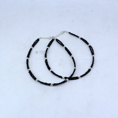 925 sterling silver double chain silver and black beaded anklet bracelet amazing light weight delicate anklets silver jewelry ank656 - TRIBAL ORNAMENTS