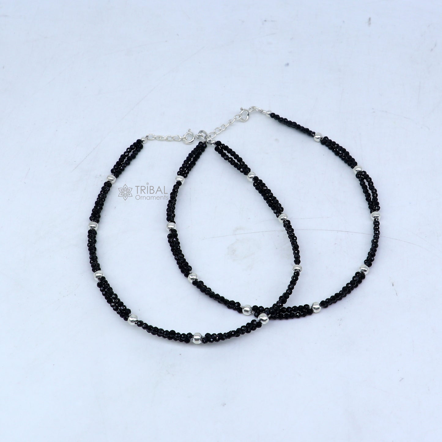 925 sterling silver double chain silver and black beaded anklet bracelet amazing light weight delicate anklets silver jewelry ank656 - TRIBAL ORNAMENTS