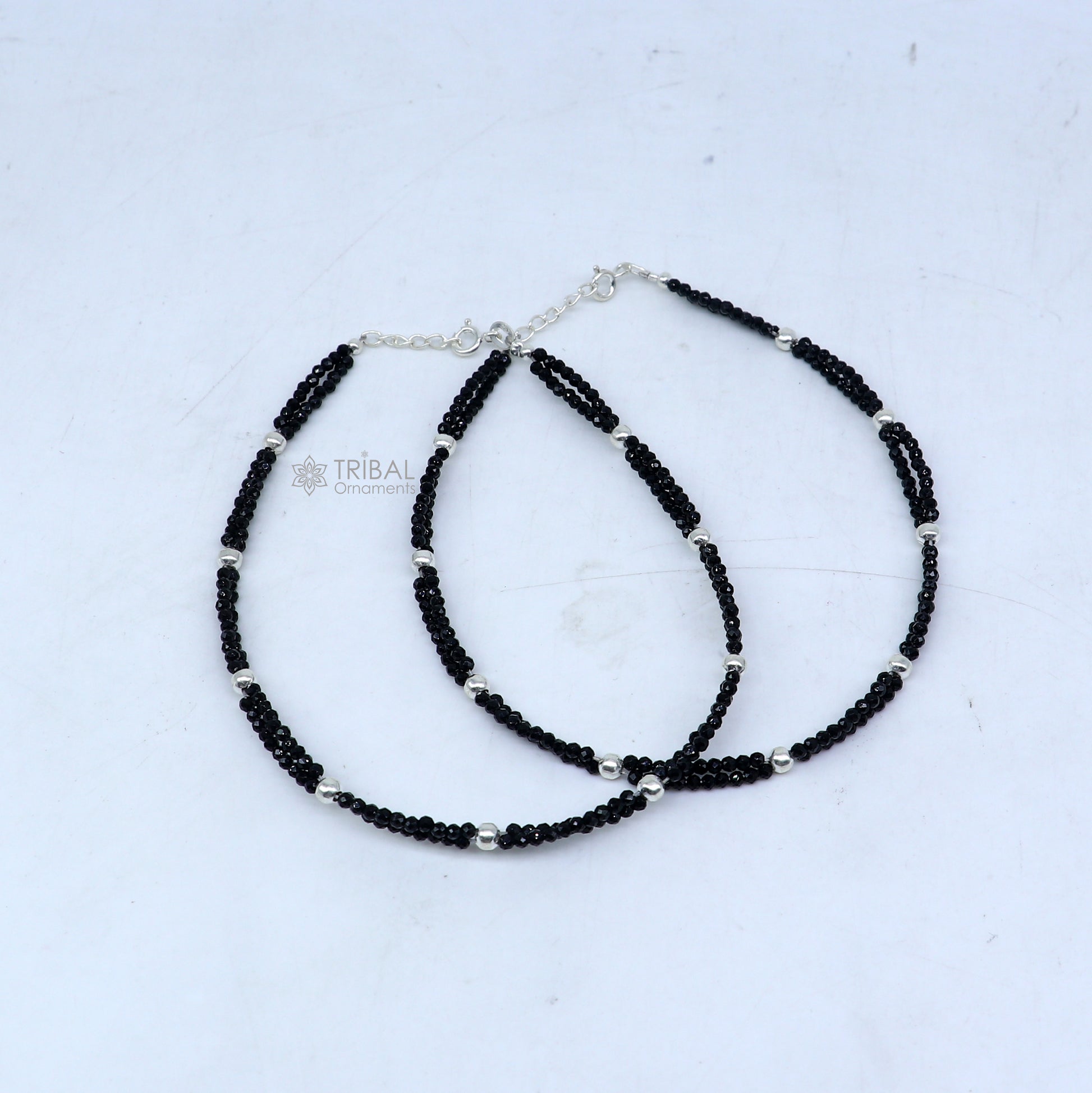925 sterling silver double chain silver and black beaded anklet bracelet amazing light weight delicate anklets silver jewelry ank656 - TRIBAL ORNAMENTS