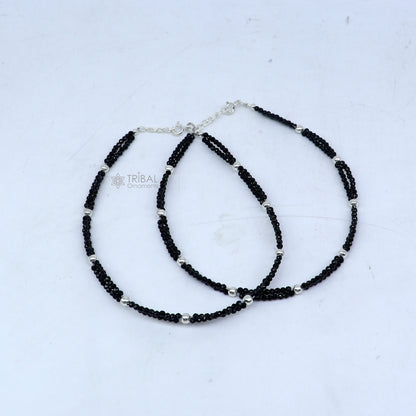 925 sterling silver double chain silver and black beaded anklet bracelet amazing light weight delicate anklets silver jewelry ank656 - TRIBAL ORNAMENTS
