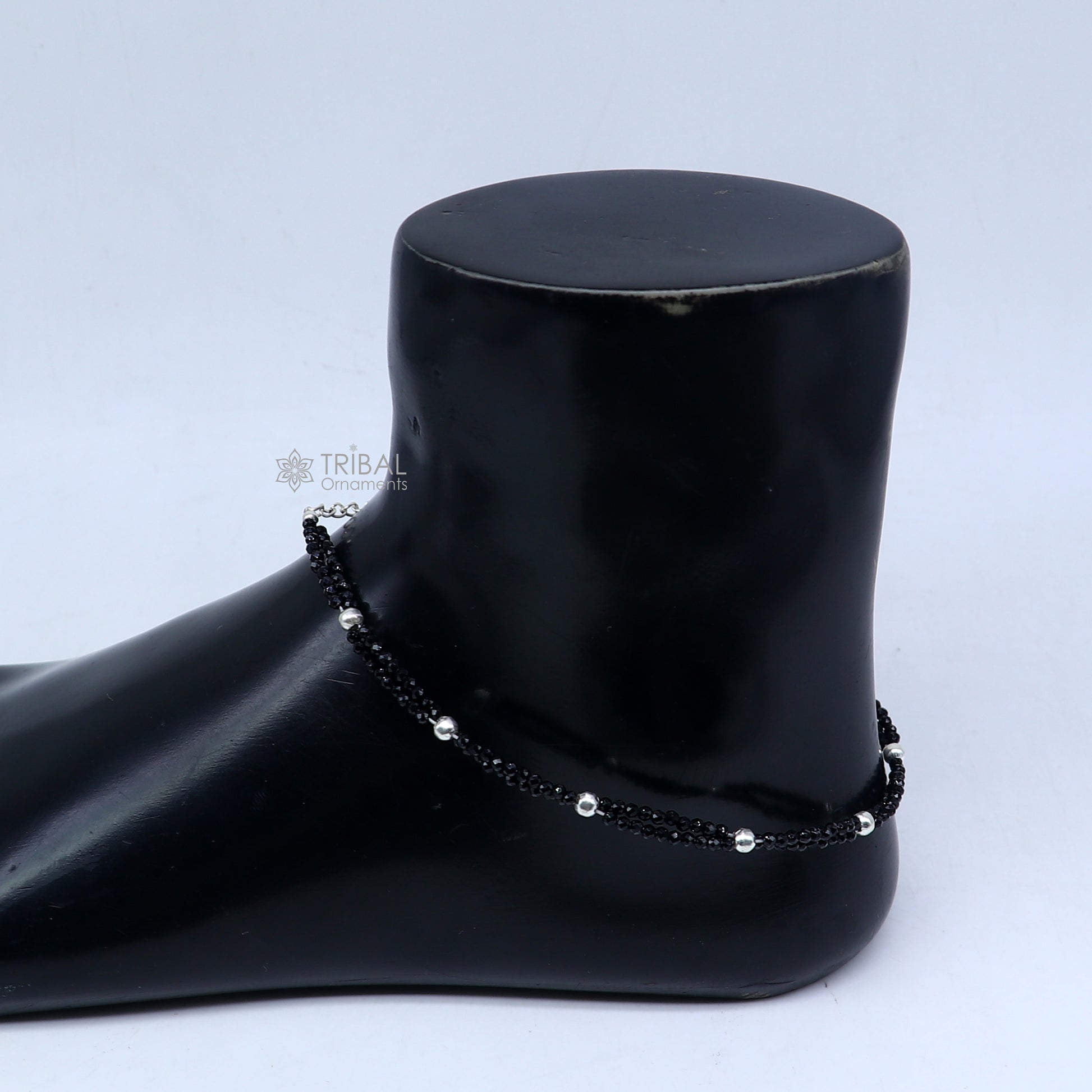 925 sterling silver double chain silver and black beaded anklet bracelet amazing light weight delicate anklets silver jewelry ank656 - TRIBAL ORNAMENTS