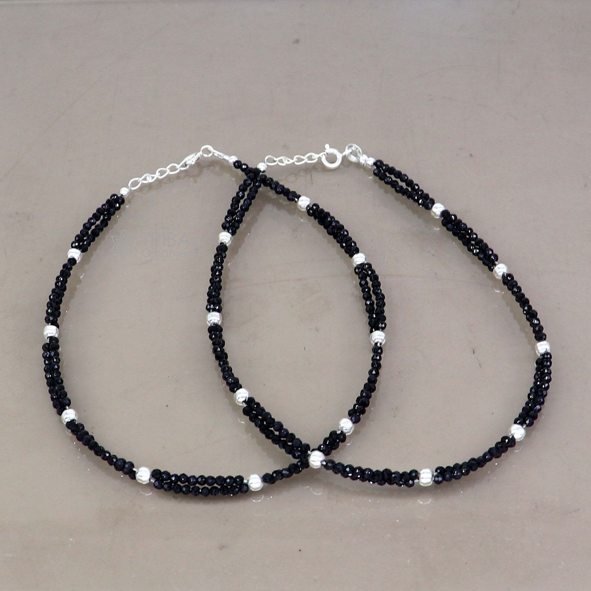 925 sterling silver double chain silver and black beaded anklet bracelet amazing light weight delicate anklets silver jewelry ank656 - TRIBAL ORNAMENTS
