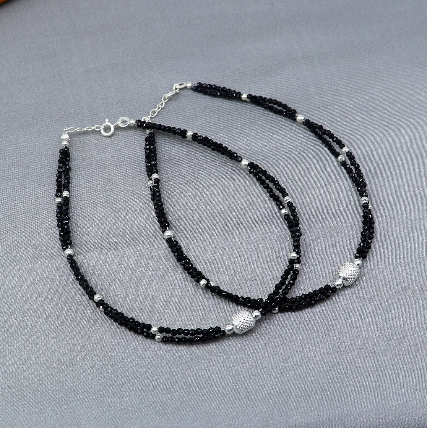 925 sterling silver double chain silver and black beaded anklet bracelet amazing light weight delicate anklets silver jewelry ank658 - TRIBAL ORNAMENTS