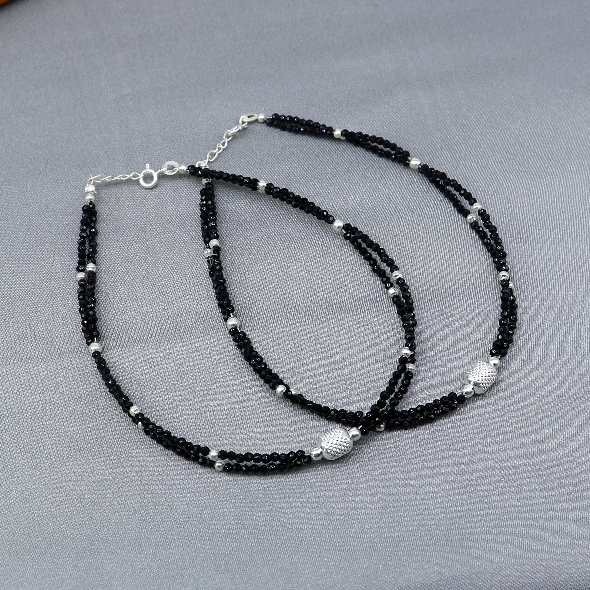 925 sterling silver double chain silver and black beaded anklet bracelet amazing light weight delicate anklets silver jewelry ank658 - TRIBAL ORNAMENTS