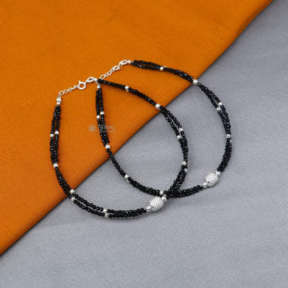 Sterling silver double chain anklet bracelet with black beads, lightweight and delicate silver jewelry by TRIBAL ORNAMENTS.