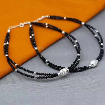 Sterling silver double chain anklet bracelet with black beads, lightweight and delicate silver jewelry from TRIBAL ORNAMENTS.