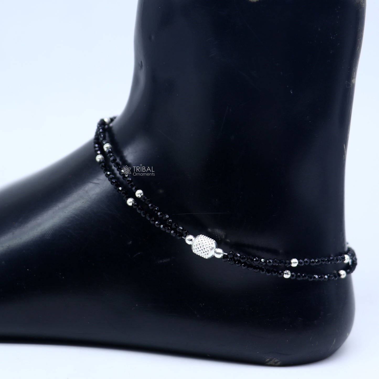 925 sterling silver double chain silver and black beaded anklet bracelet amazing light weight delicate anklets silver jewelry ank658 - TRIBAL ORNAMENTS