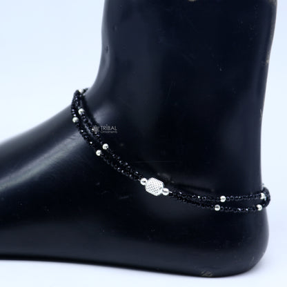 Sterling silver double chain anklet bracelet with black beads, lightweight and delicate silver jewelry by Tribal Ornaments.