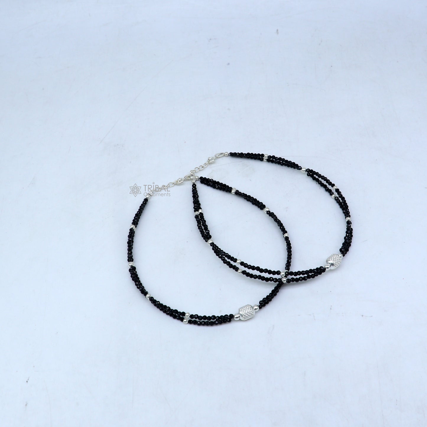 925 sterling silver double chain silver and black beaded anklet bracelet amazing light weight delicate anklets silver jewelry ank658 - TRIBAL ORNAMENTS